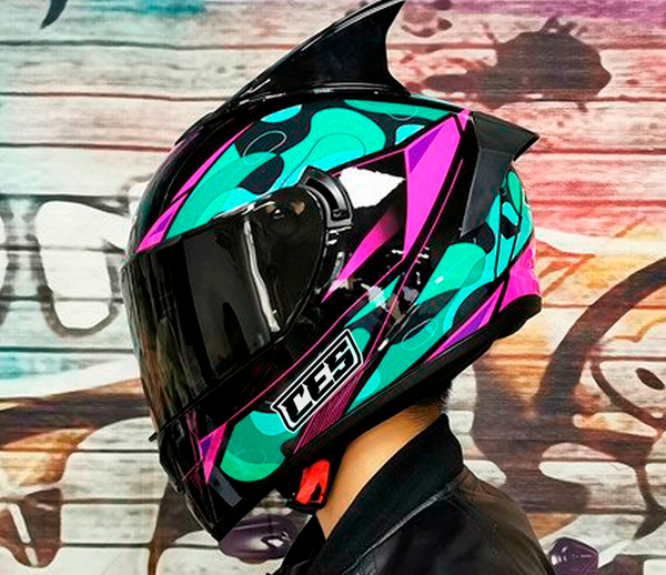 CASCO MOTO CES DOBLE VISOR CON ALERON CAMU VERDE CON OREJAS