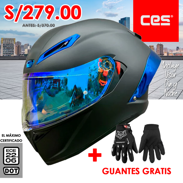 CASCO MOTO CES DOBLE VISOR NEGRO MATE ALERON AZUL VISOR DIURNO