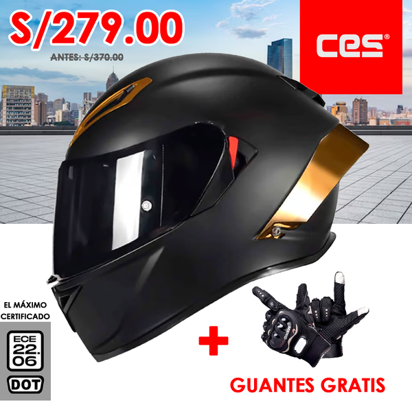 CASCO MOTO CES DOBLE VISOR NEGRO MATE ALERON DORADO