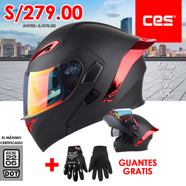 CASCO MOTO CES EX SOMAN ABATIBLE NEGRO MATE ROJO ZAFIRO