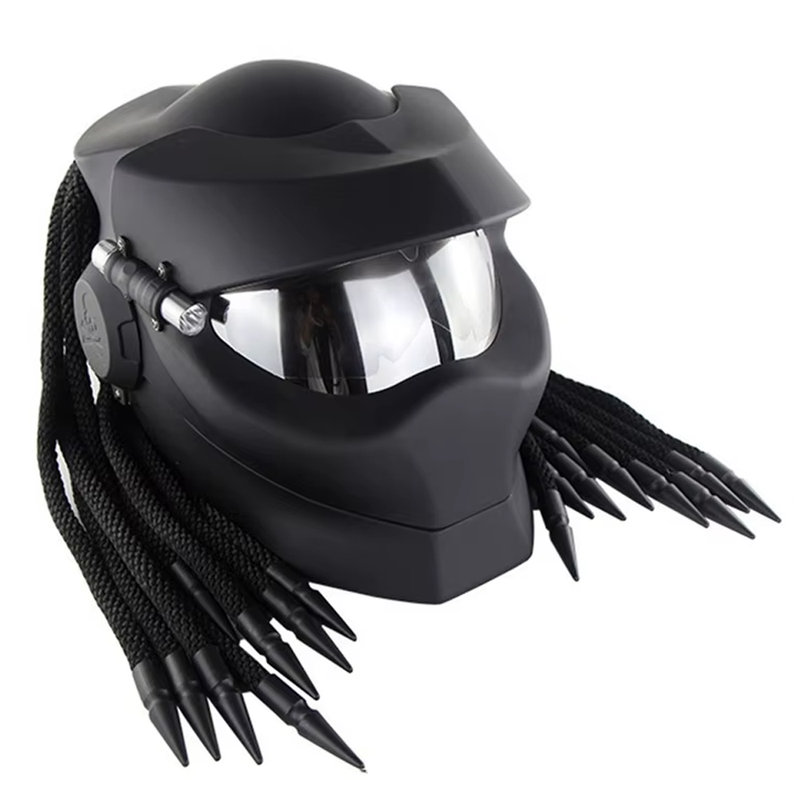 CASCO MOTO DEPREDADOR NEGRO MATE CERTIFICADO CON TRENZAS Y LUZ LED