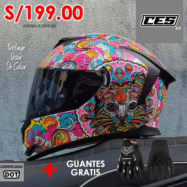 CASCO MOTO LVS DOBLE VISOR CON ALERON DISEÑO GATO 702 POLARIZADO