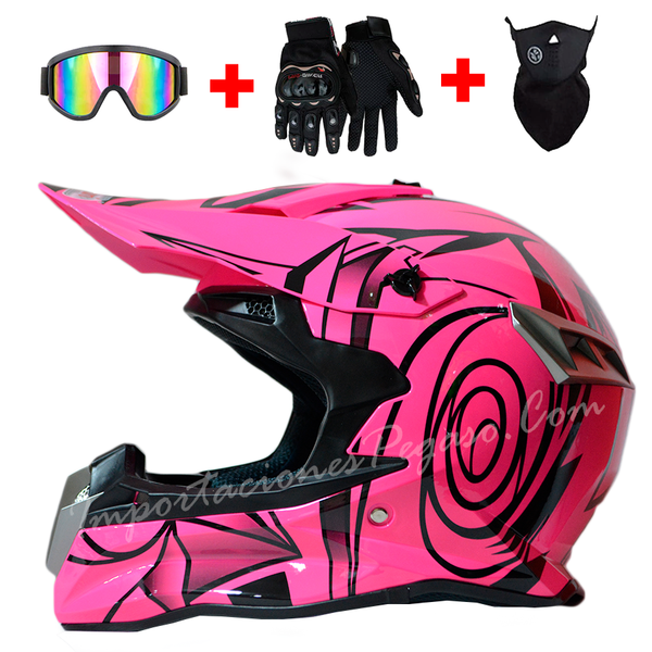CASCO MOTO CROSS CERTIFICADO ROSADO BRILLO TRIPACK ACCESORIOS Importaciones Pegaso