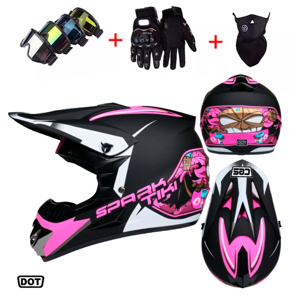 CASCO CES MOTO CROSS DH + TRIPACK ACCESORIOS + MASCARA SPARK TIKI ROSADO KIT